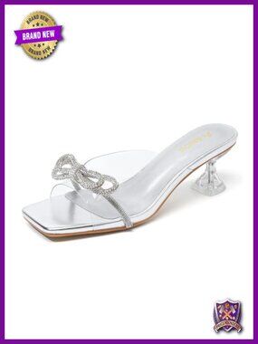 Rhinestone Clear Kitten Heels Sandals Slip On Square Toe